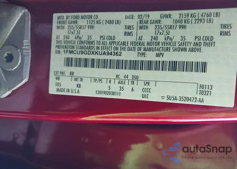 2019 Ford Escape Se z USA, uszkodzony, nr VIN 1FMCU9GDXKUA94362